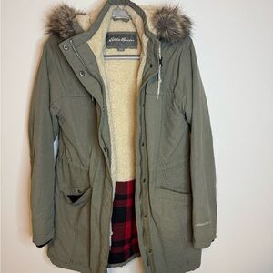 Eddie Bauer Olive Parka with Faux Fur Trim